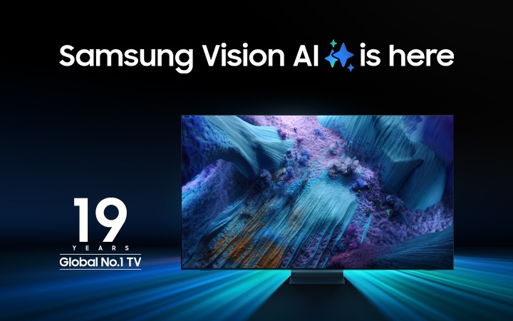 Samsung TV with a brilliant metallic design displayed. Logo indicating Samsung is ranked Global No.1 TV brand for 19 years. Samsung Vision AI is here with shining ai visual cue.