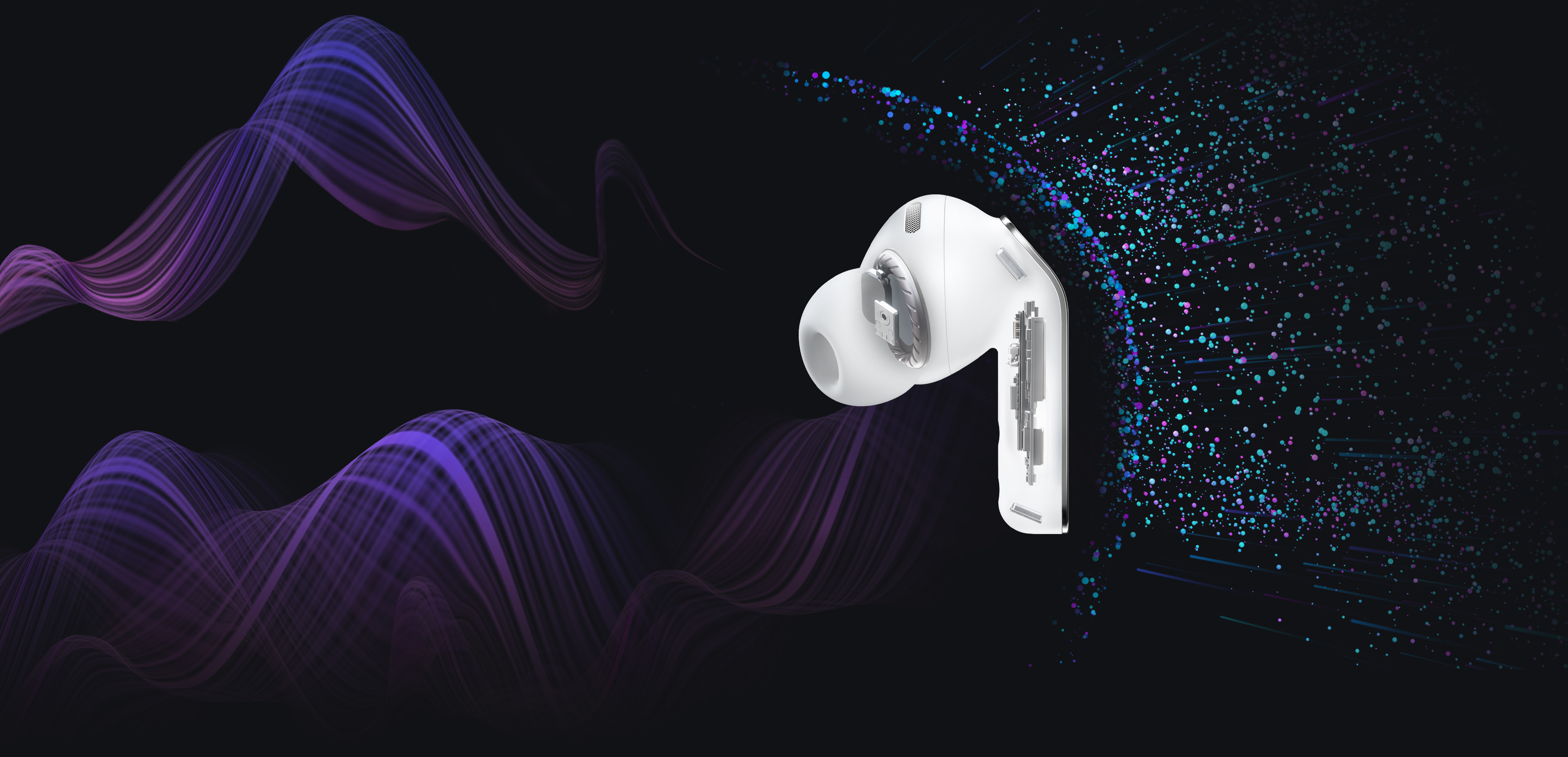 A single Galaxy Buds4 Pro earbud in skeleton view, showing the audio system within. On the right are multiple dots that are entirely separated from the earbud, indicating the Active Noise Canceling feature.