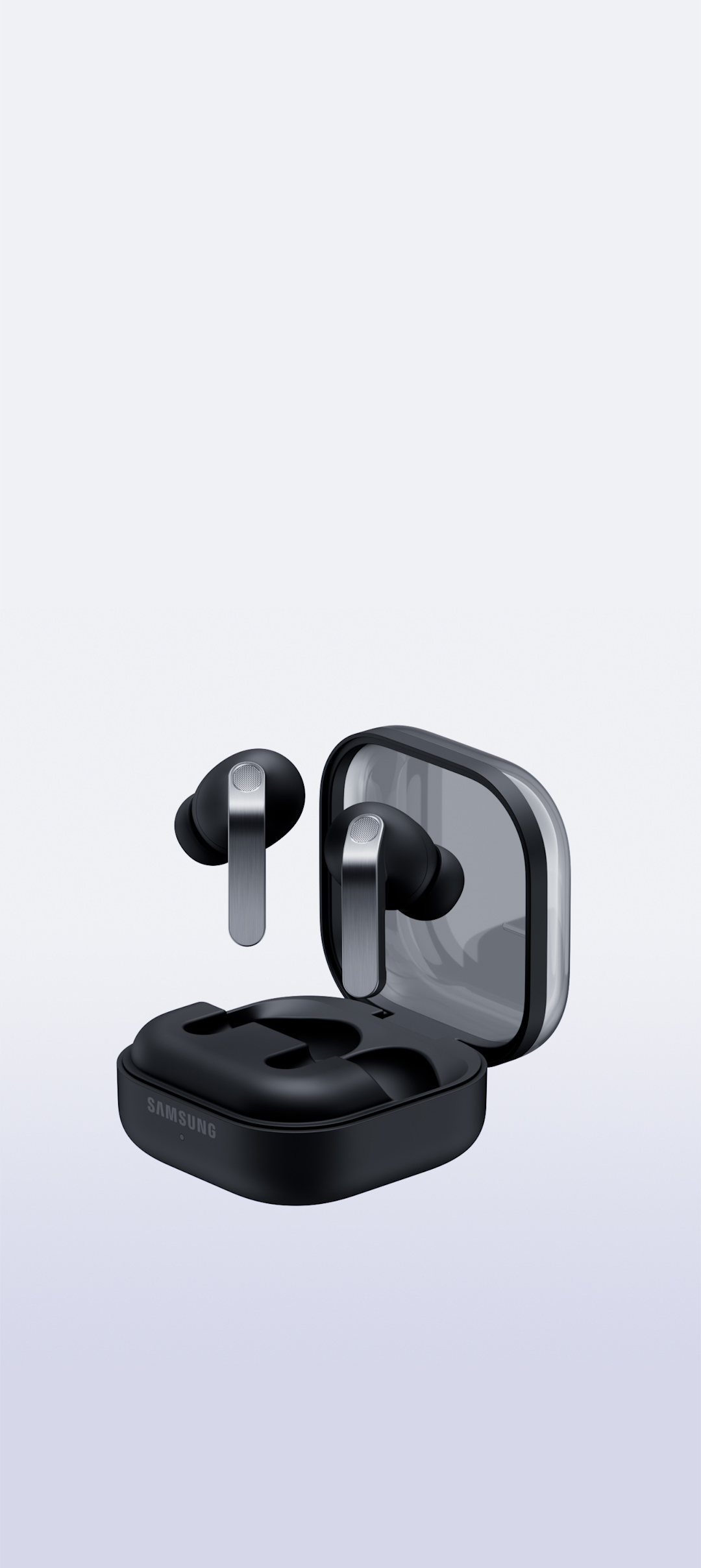 Black Galaxy Buds4 Pro Charging Case open with the earbuds above.