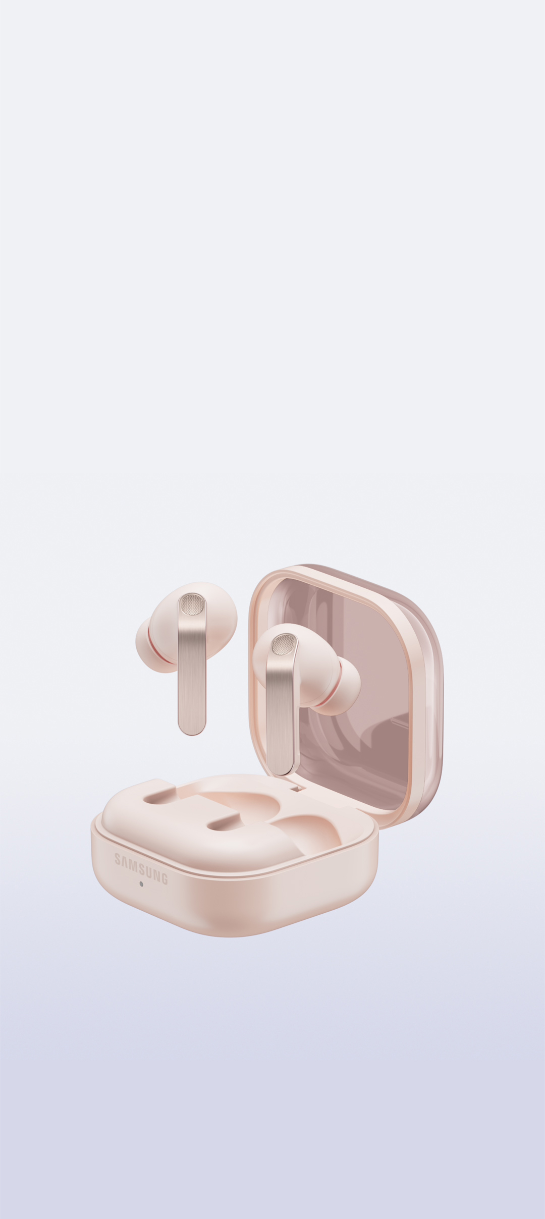 Pink Gold Galaxy Buds4 Pro Charging Case open with the earbuds above.