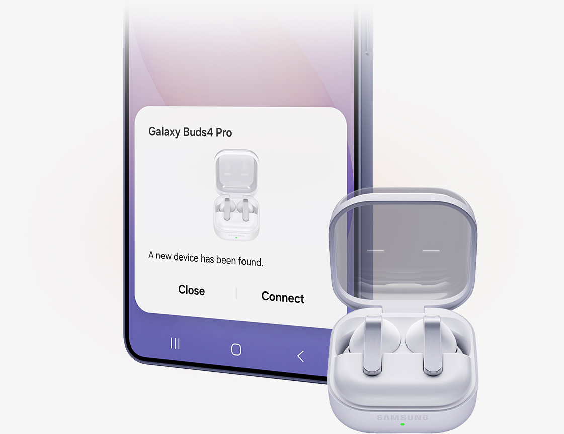 A Galaxy smartphone with the Easy Pairing pop-up on screen, showing how simple it is to connect to the Galaxy Buds4 Pro. On the right side of Galaxy smartphone is Galaxy Buds4 Pro, docked in the Charging Case with the lid open.