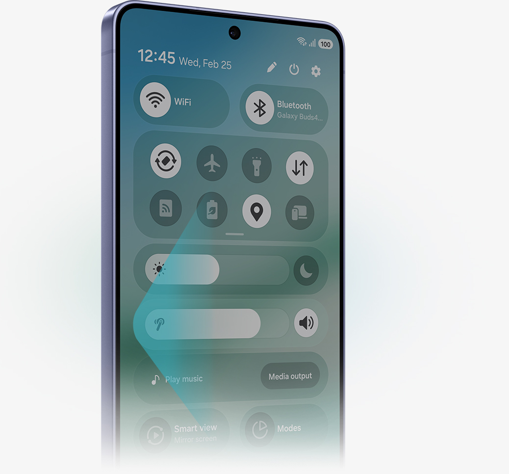 A Galaxy smartphone with the Quick Panel open, focusing on the new One UI 8.5. Bluetooth, volume, noise canceling features are highlighted.