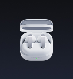 A pair of white Galaxy Buds4 Pro in the opened Charging Case.