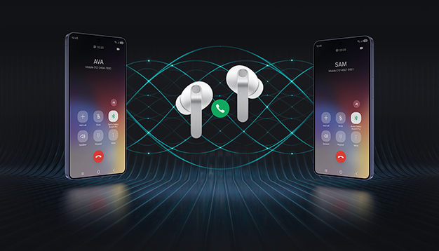 Two Galaxy smartphones are on each side with a pair of white, Galaxy Buds4 Pro in the middle. Between the earbuds is a phone call icon. The smartphone on the left shows the call screen with the name 'Ava.' and the smartphone on the right shows the call screen with the name 'Sam'. In the background are multiple waves showcasing the Super Clear Call feature available on Galaxy Buds4 Pro.