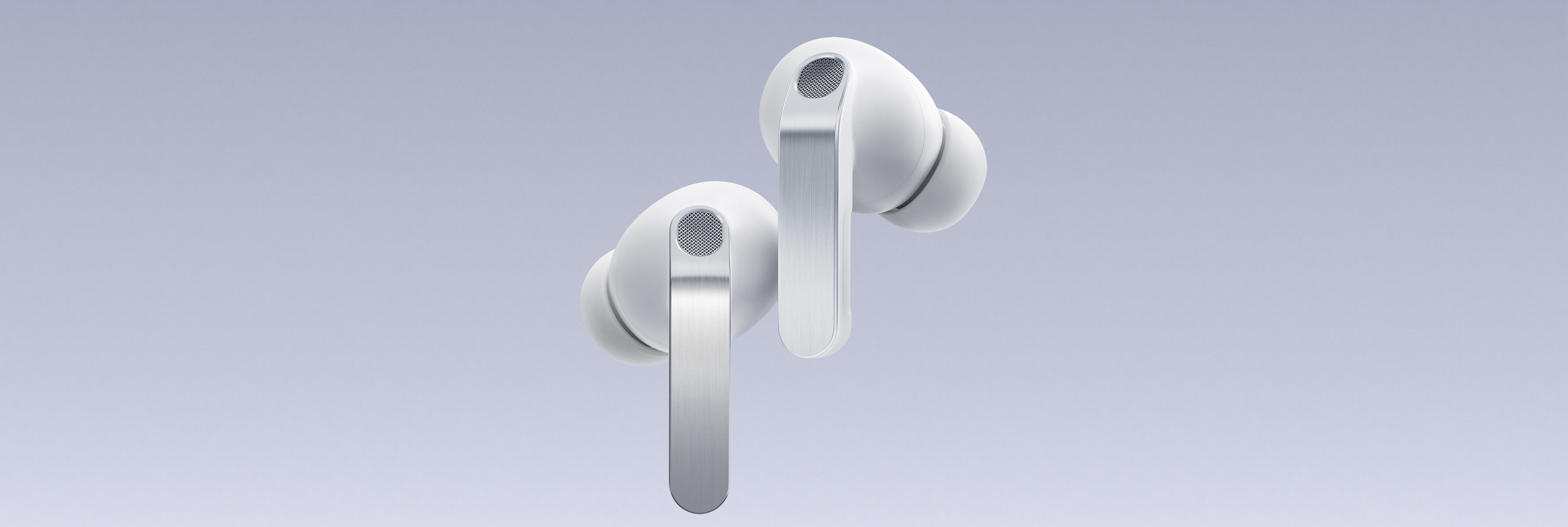 A pair of white Galaxy Buds4 Pro hover with the left earbud slightly lower than the right.